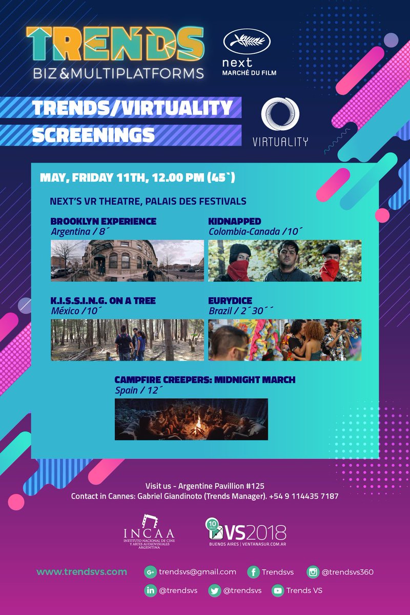 TrendsVs's tweet photo. This Friday at NEXT #Cannes2018 
@TrendsVs @VirtualityBA Screenings! 
 Iberoamerican Inmersive production 
 #VirtualReality productions: @BrooklynExperience #campfirecreepers #kidnapped #KISSINGonatree #eurydice
 + info: https://t.co/A66z7k9jTk https://t.co/Btd7coX7x1