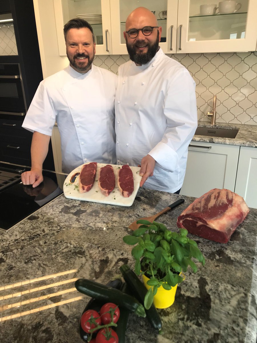 The team <a href="/gourmetbutcher/">Donald Russell</a> joined us today for a lifestyle photoshoot and we were delighted they chose to work on our brand new Velvet Blue display! 
It provided the perfect backdrop with its rich blue and bright white tones, stunning granite worktops and Moroccan-inspired tiles.