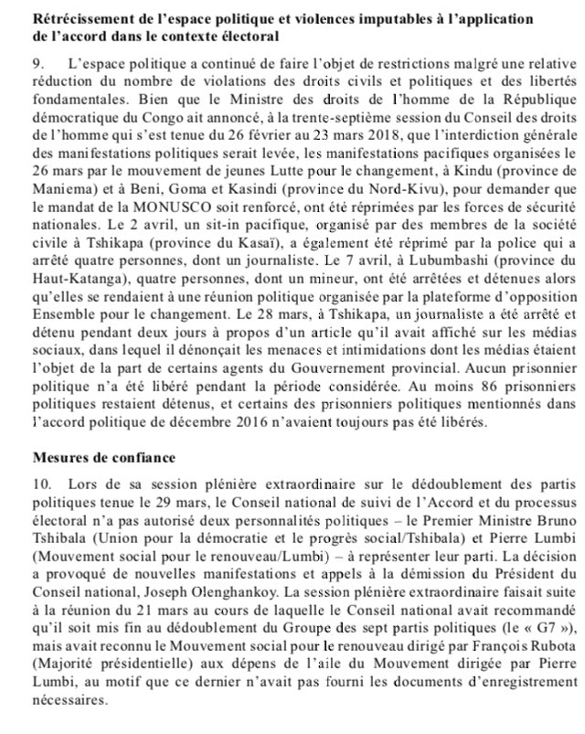 #KABILA REFUSE DE RENCONTRER LE SG DE L ONU A CAUSE DE CE RAPPORT: RAPPORT #GUTERRES, SG ONU, SUR LE RETRECISSEMENT DE L’ESPACE POLITIQUE EN #RDCONGO ET RAPPEL DE L’EXISTENCE DE 86 PRISONNIERS POLITIQUES DONT LES EMBLEMATIQUES  DcxCYeUXcAAXR6Z