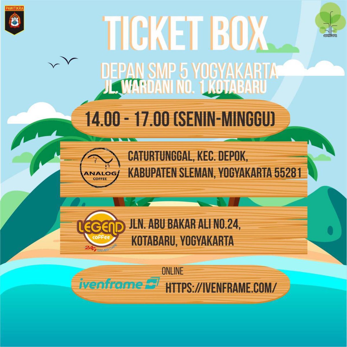 Wah dah H- berapa ini ??  Masih belom tau dimana tempat membeli tiket Pawitikra Revolution #9 ? Nih list nya !! Jangan sampe kalian belom membeli tiket nya 😉 

Harga tiket :

Presale : 20k
On The Spot : 25k 
Kartu Pelajar Aktif Pawitikra: 15k
