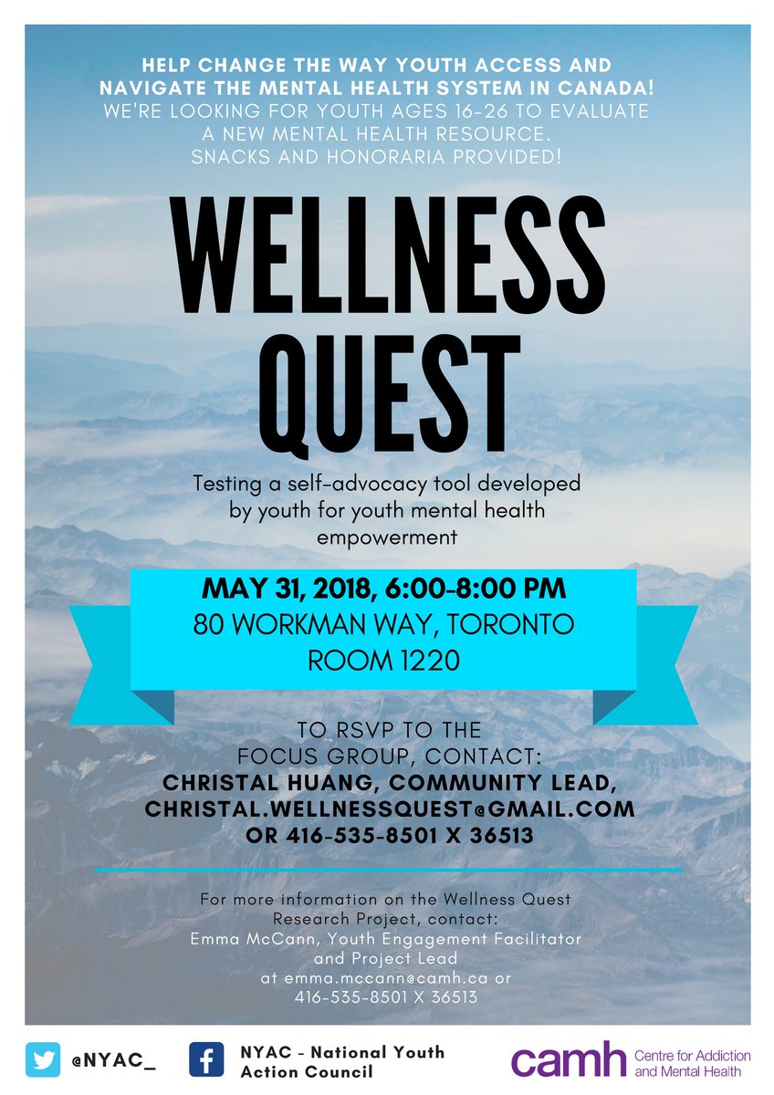 NYAC_'s tweet image. The mental health system can be confusing, especially if you've never accessed it before. NYAC has been working on a resource to address that - and we need your voice! Join us in Toronto on May 31st and help make #wellnessquest work for everyone! #Toronto #youthmentalhealth