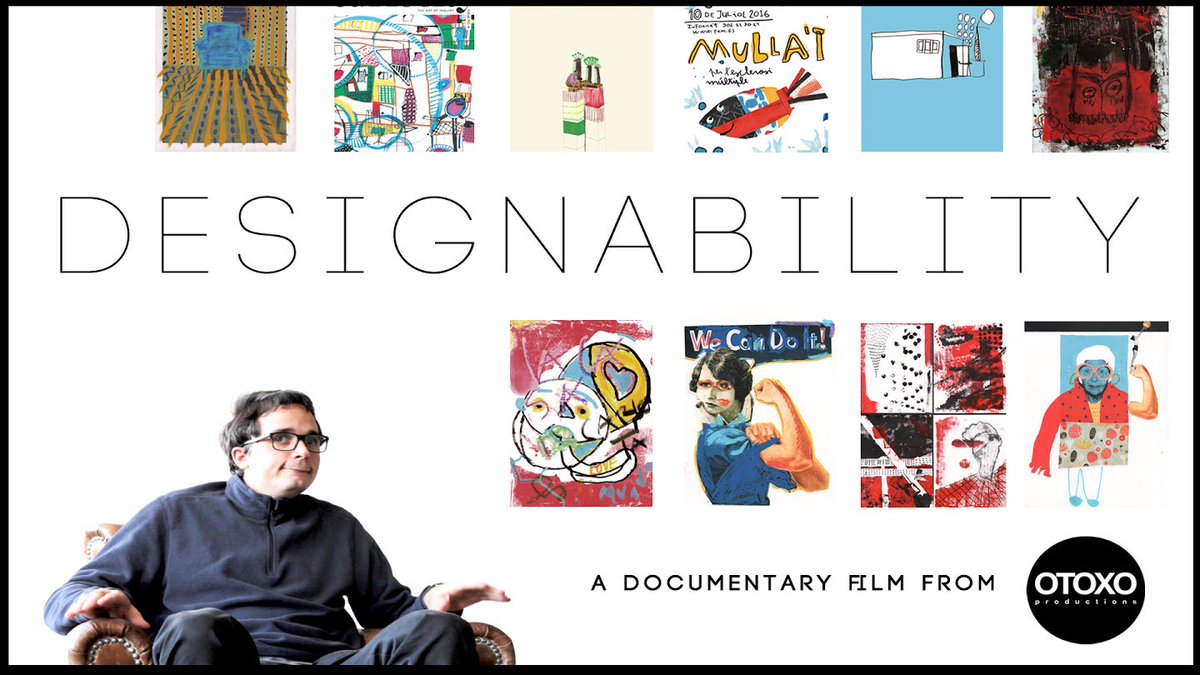 Poster for the documentary Design-Ability. It has an off-white background. In the bottom left corner a young man with glasses, lips curled and eyes looking up and away, sits in a brown leather chair. His hands are slightly lighted off the arms of the chair. There are ten rectangular pieces of art, each very colourful and of different styles. Centered in the middle is the name of the film, a documentary by OTOXO.