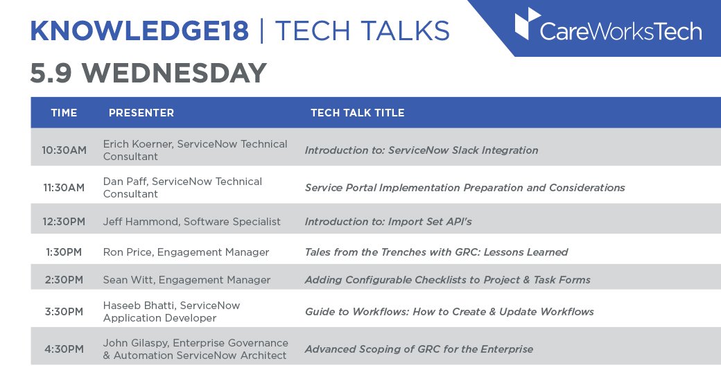 CareWorksTech's tweet image. Day 2 at #Knowldge18 ExpoNow! Don't miss today's #TechTalk sessions at the @CareWorksTech booth (#1229). We have a full Tech Talk schedule today.

#TechTalk #Know18 #Knowledge18 #CareWorksTech @servicenow