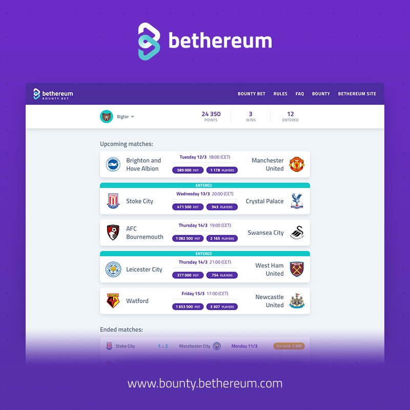 bethereumteam's tweet photo. Happy to present our new BOUNTY GAME! Lets see if you have the guts to win more bounty points! Buy-ins are same for everyone, we choose the matches and you can bet and have fun! 
https://t.co/wgXDuFzU2e
#bethereum #socialbetting #betting #Bitcoin #Ethereum #Blockchain #Crypto https://t.co/l1EZLxrGhY