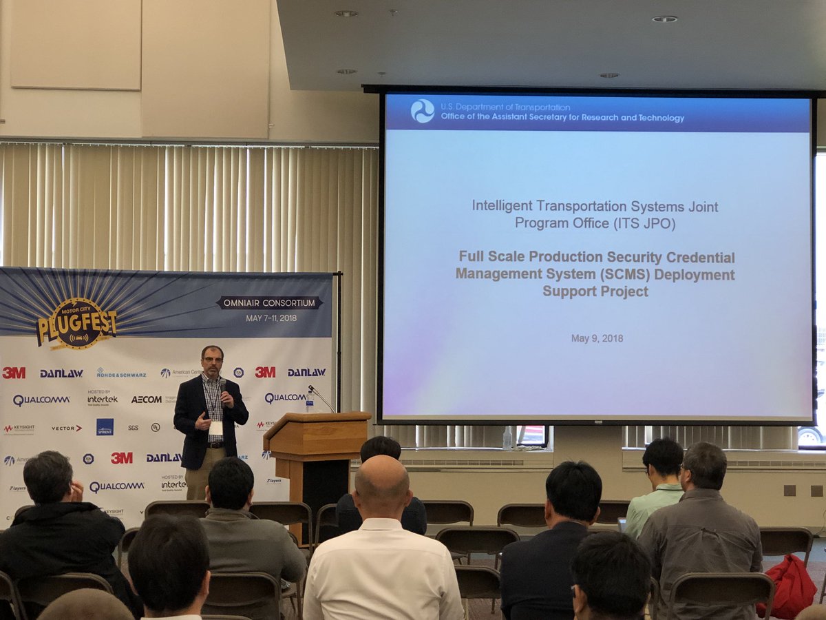 jasonmconley's tweet photo. @VolpeUSDOT @ITSJPODirector Ray Ray Resendes leading a Stakeholder Dialogue on the Future Full Scale SCMS at @OmniAirCon #MotorCityPlugfest #V2X #V2V #V2I #CyberSecurity https://t.co/fPQaWQMnh6