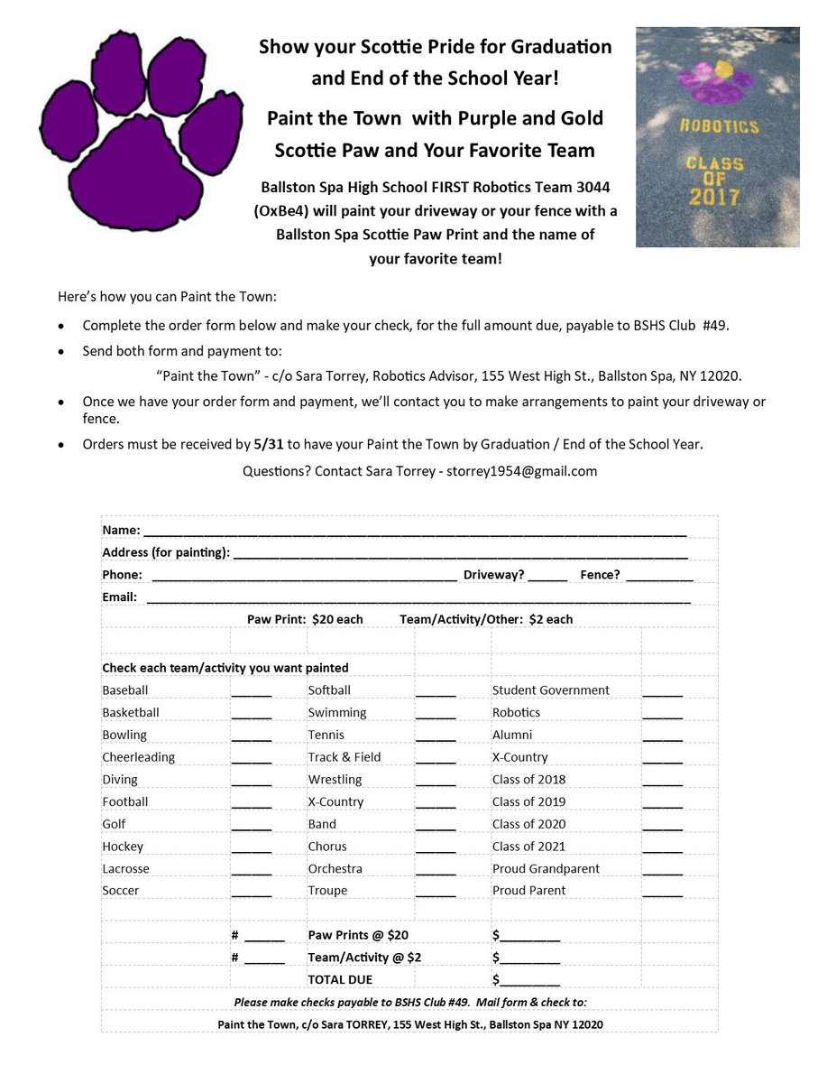SaraSTorrey's tweet photo. It's Scottie Paw Print Time! Order your customized Scottie Paw Print today! To order: download the form and send with payment to the address on the form. Thanks for your support of BSHS Robotics Team 0xBe4 (3044 in hexadecimal!) The 0x is in the House!! https://t.co/t7WFQAyhaw