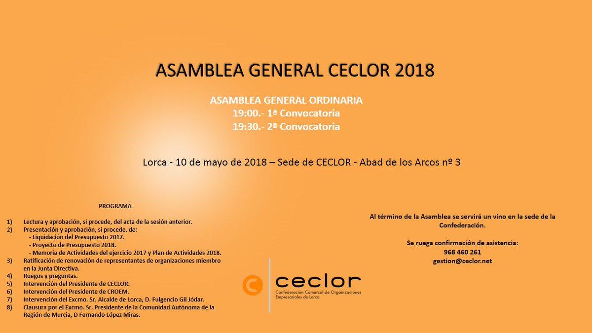 CECLOR_'s tweet photo. Hoy jueves, 10 de mayo, a las 19:00 horas en 1ª convocatoria y a las 19:30 en 2ª convocatoria se celebra en nuestra sede la #AsambleaCECLOR2018 https://t.co/EKPuvqRn10 https://t.co/ukjIql020g