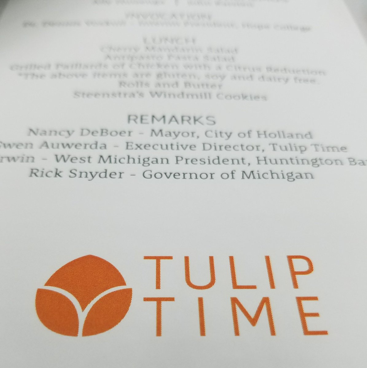 #TulipTime is kicking off with today's Tulip Time Festival Luncheon! Thanks to <a href="/onetoughnerd/">Rick Snyder</a> for #paintingthetownorange! #HollandMichigan 🌷🌷🌷