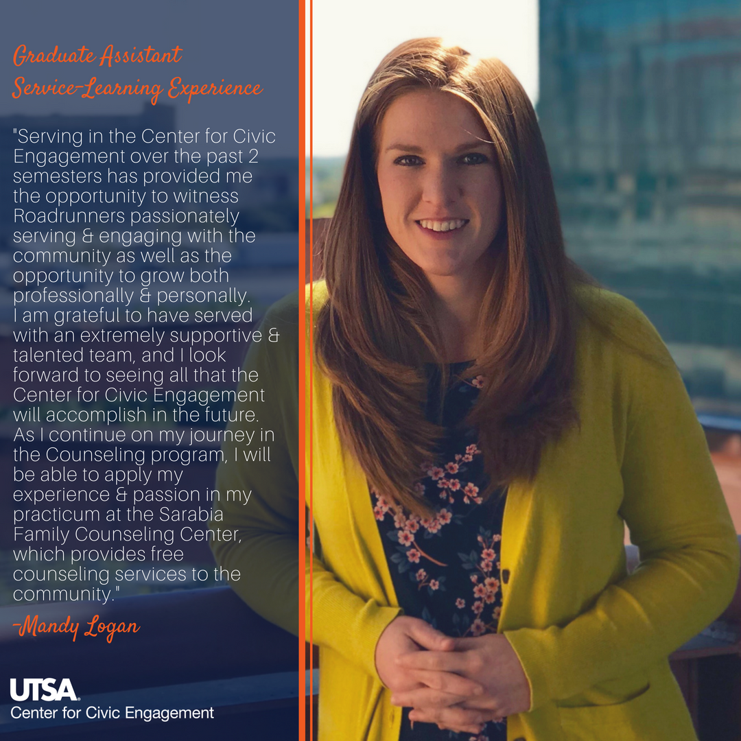 UTSAengaged's tweet photo. Mandy Logan, our Graduate Assistant, will be leaving the Center for Civic Engagement in a few weeks. 😢 She will be missed, but we look forward to her future development. Thank you for everything! 💕 #UTSAstudent https://t.co/eNJDE2Idb5