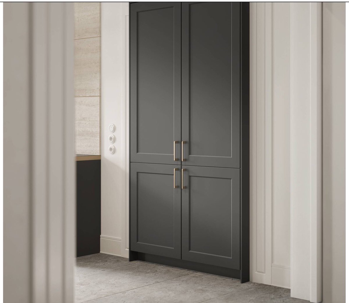 KONST_SieMatic's tweet image. Refrigerator-freezer combination is cleverly integrated into a simulated doorway. #graphitegrey #classy #elegance #KONST #washingtondc #bethesda @siematicusa