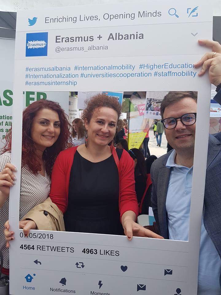 ErasmusAlbania's tweet photo. Great to meet so many of our Albanian participants to CBHE Erasmus+ funded project, universities from Tirana, Vlora, Durres and Elbasan at our stand at EU Village #EuropeDay #ErasmusPlus #CBHE https://t.co/mlaOht7Nf0