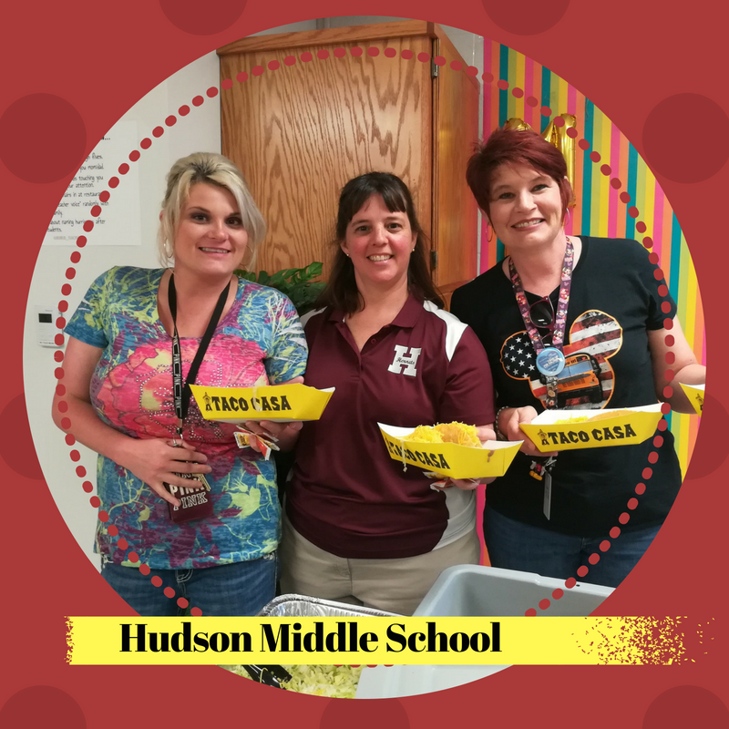 HudsonISD_MS's tweet photo. Thank you Lufkin #tacocasa for the delicious tacos! We agree our teachers are definitely something to "taco" bout.  :-) #buzzhms #buzzhisd #teacherappreciationweek https://t.co/26tXuZYcGx