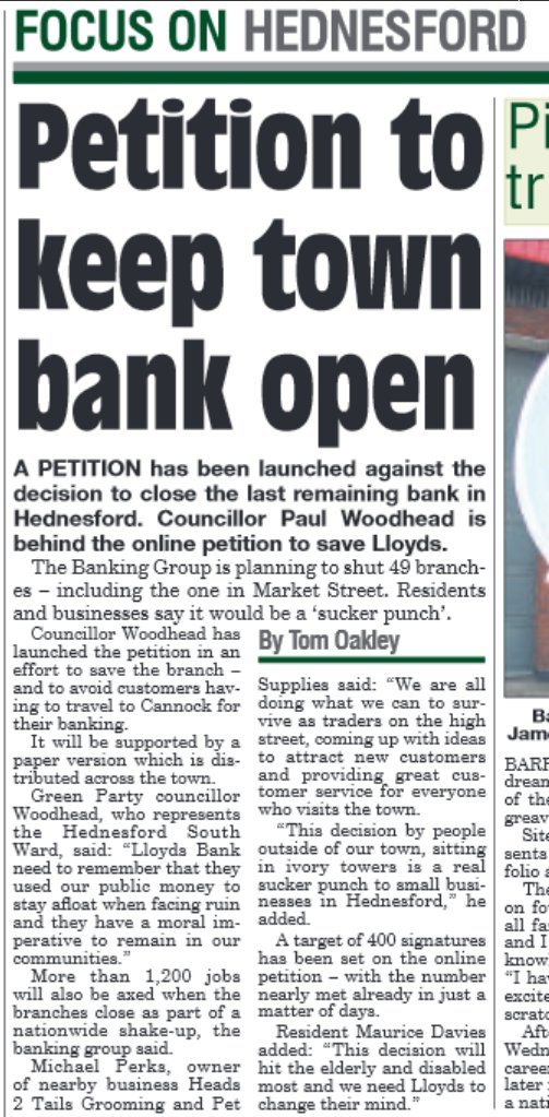 Green Cllr @PaulEWoodhead has launched a petition to save Hednesford's branch of Lloyd's Bank - he says they have 'a moral imperative to remain in our communities' after being bailed out by public money @CannockChaseGP @westmidlandsgp