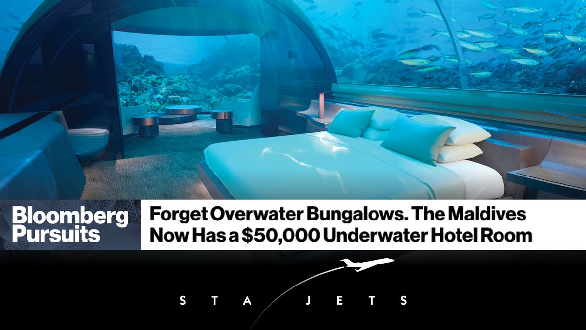 flystajets's tweet photo. Let #STAjets 🛩 you to the #Maldives for this once in a lifetime adventure! MENTION a friend who would 💙 stay in this underwater bungalow @ConradMaldives? 🐠🌊
Article: https://t.co/QWuusjfYIQ via #BloombergPursuits (@luxury) https://t.co/2FGKP4666W