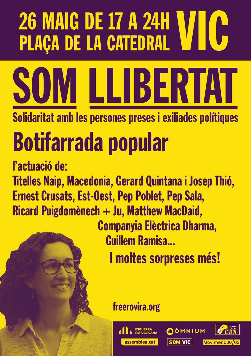 🔴 Avui us presentem l’acte “SOM LLIBERTAT” que es farà el proper dissabte 26 de maig a Vic. 

📭 Reserveu-vos el dia!

‼️ Els propers dies actualitzarem amb més sorpreses!

📱 Més informació a freerovira.org

#FreeRovira