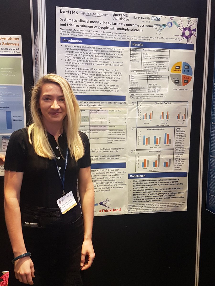 KlausSchmierer's tweet image. Kimberley presenting standardised parametric clinical real-life #3test data in pwMS collected @NHSBartsHealth Thorough monitoring of #MS #DMT, better characterised for trial eligibility. Big thanks @Mazza_1971 @FernyWalsh @BartsMSBlog @blizard_inst @QMUL #11D #ABNBirmingham