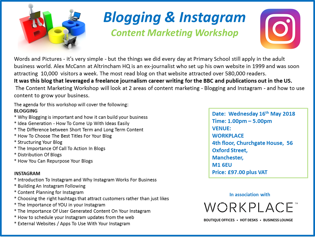 JUST 4 PLACES LEFT ON OUR BLOGGING / INSTAGRAM WORKSHOP NEXT WEDNESDAY

Writing can change your life if you just learn how

Great workshop with ourselves <a href="/PaulKilroe/">Paul Kilroe</a> and @WorkplaceMCR 

Book on now ::: ow.ly/MBhw30jUn0G 

#manchester #contentmarketing