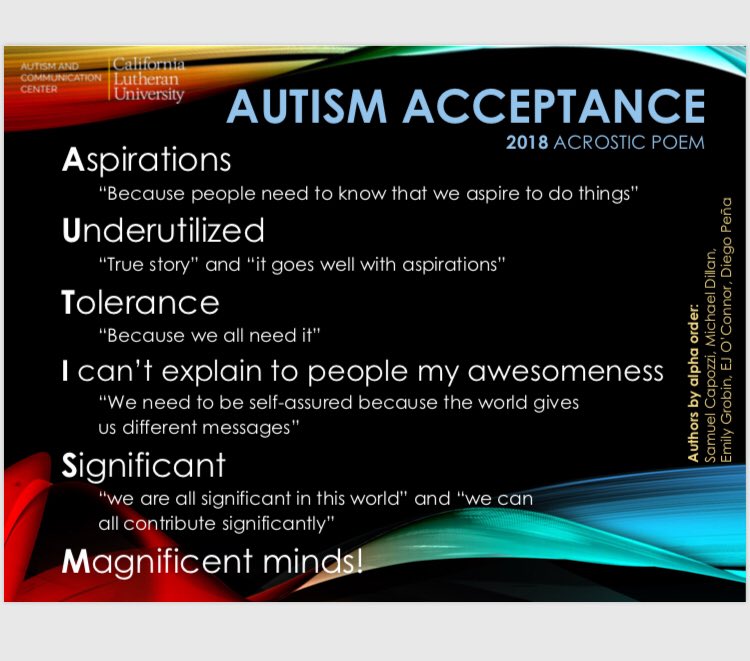 AutismAndComm's tweet photo. Acrostic poem by autistic students at the Alternative Centers bucatini Social @AutismAndComm @CalLutheran #autism #autistic #autismacceptance https://t.co/ARNkq3ZIad