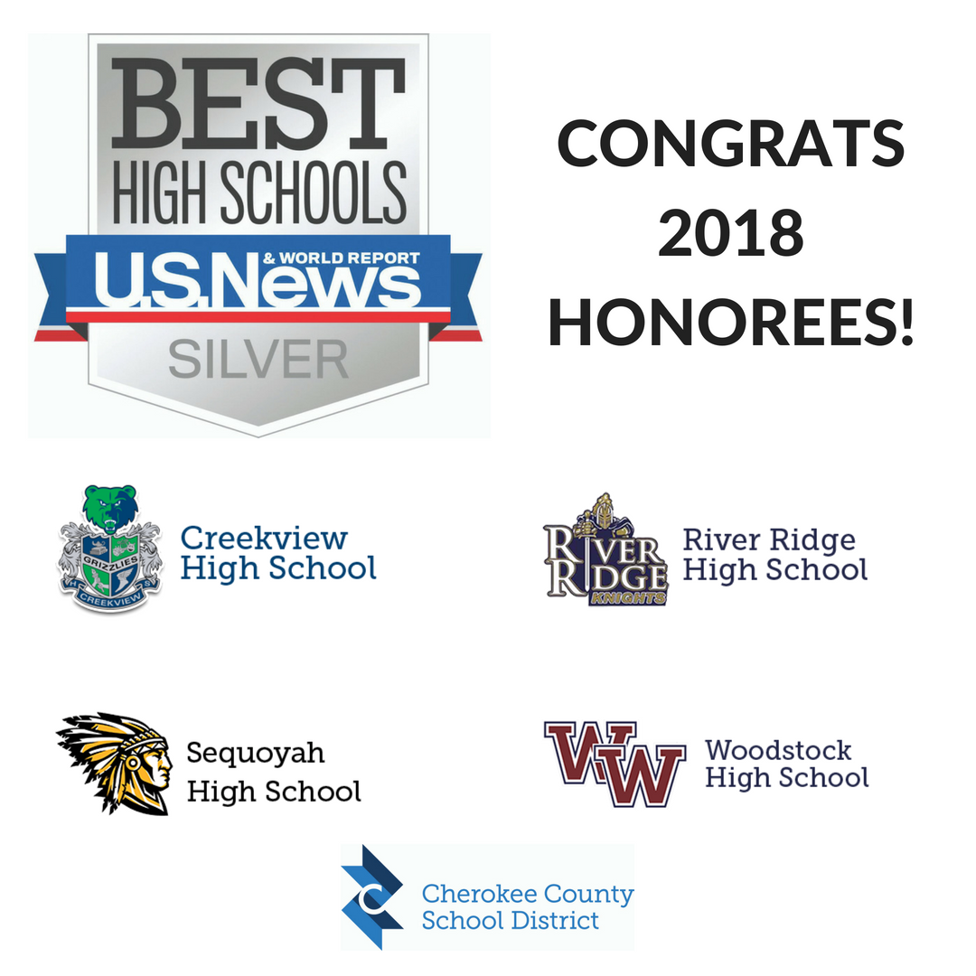 CherokeeSchools's tweet photo. Four CCSD high schools have been named to U.S. News and World Report’s “Best High Schools” list… up from 3 last year! Creekview, River Ridge, Sequoyah and Woodstock High Schools earned Silver Medal spots on the magazine’s prestigious list. More: https://t.co/NTy9VVqV1T #CCSDfam https://t.co/OflvknHg0R