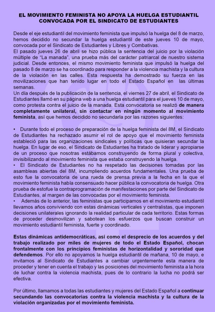 HuelgaFeminista's tweet photo. ‼️COMUNICADO del eje estudiantil del movimiento #feminista impulsor del #8M por convocatorias #10M #10MLaManadaFeminista 
👇🏽👇🏽👇🏽: https://t.co/oHr7XnAqnP