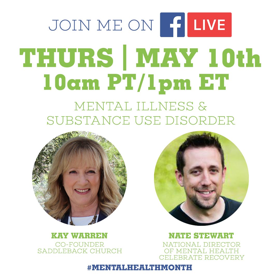 KayWarren1's tweet image. Mental illness &amp;amp; substance use disorder r complex topics. Join my conversation w/ @mncrnate where we will be talking about how 2 find help &amp;amp; support 4 you/a loved one. Live May 10, 10am PT/1pm ET. @celebraterecvry #mentalhealth #mentalhealthmonth #hope4mh facebook.com/Kay-Warren-105…