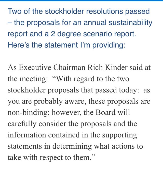 davidpball's tweet image. Statement from Kinder Morgan CEO on shareholder environmental resolutions, officially opposed by management, passing at its Houston AGM