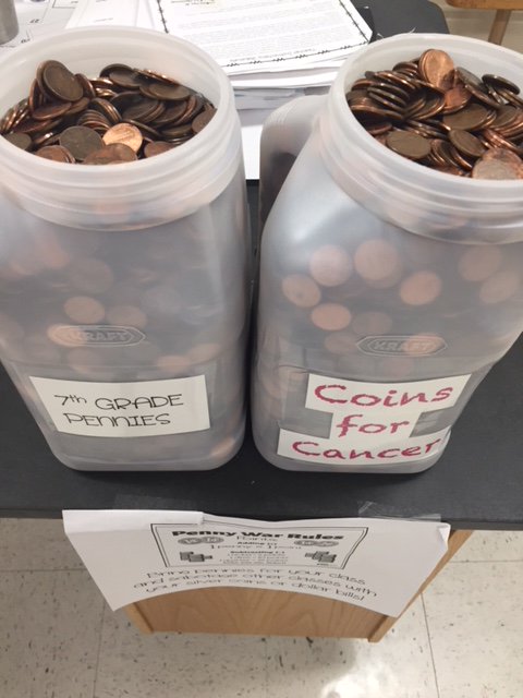 MrsHolmLifeSci's tweet photo. Can't keep this a secret anymore, Our 7th Graders are rocking the penny wars!  Hey FHS - you may want to be putting your quarters in their jug for sabotage.  #FmtCards https://t.co/JyXViirfeL