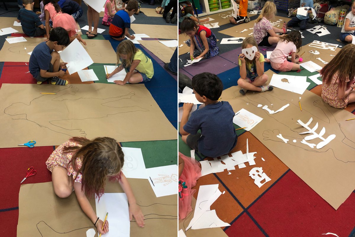 MicheleGuieu's tweet photo. 1st graders students at Village school collaborating in pairs to make a scale 1:1 skeletal system (Human Body Systems) 90 min session - Next week they are adding more systems with layers on top!  @campbellusd #cusdrockstar #STEAM #makerspace https://t.co/u6mNRkbO7p