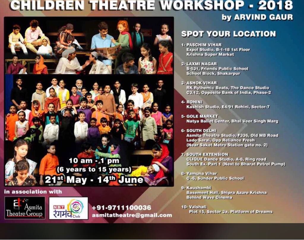 AsmitaGuruGaur's tweet photo. #ChildrenTheatreWorkshop
21th may to 14th June 

#NBTRangManchClub &amp; @AsmitaTheatre presents #ChildrenSummerTheatreWorkshop,
from *21st May to 14th June* at different venues of #Delhi.
Time-10am to 1pm
Duration :3 Hours Each Day,
Total 21 Days
Age Group-6 to 15 Years
@ArvindGaur https://t.co/26YXru0QDp