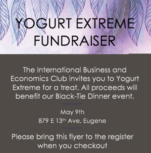 UOIBEC's tweet photo. Head over to Yogurt Extreme today for a social and fundraising event! Show this flyer any time today and IBEC will receive 25% of the proceeds! We will be holding a social there at 6pm... COME MEET THE NEW EXEC TEAM 🍦🍦🍦 https://t.co/M0CiDDznfG