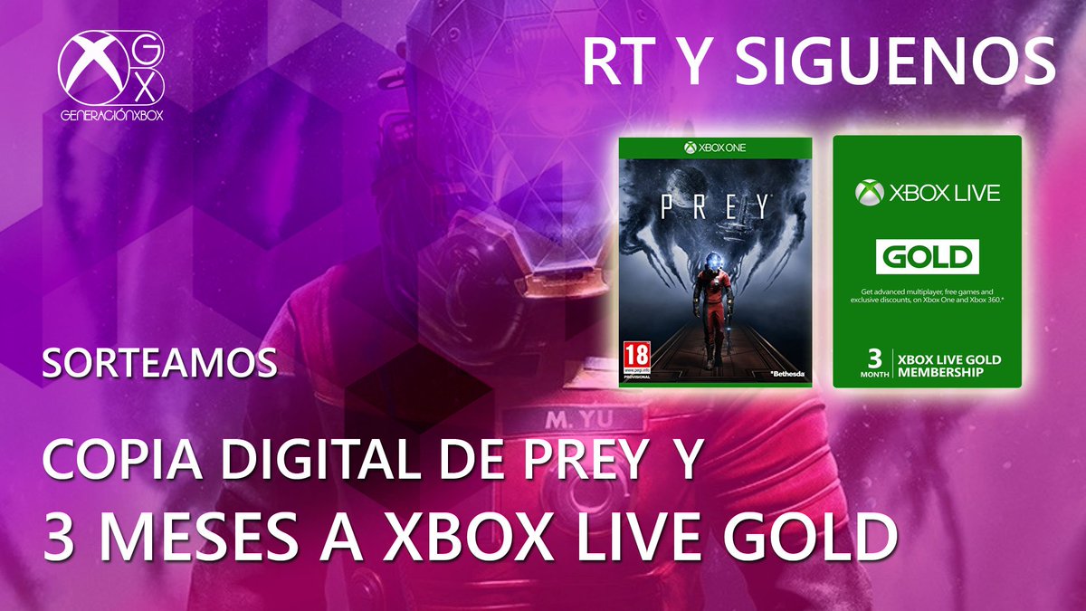 GeneracionXbox's tweet photo. ¡BOMBAZO DE SORTEO! Una copia digital de Prey y 3 meses a Xbox Live Gold. Solo tienes que hacer RT a este tuit y seguirnos https://t.co/Kf9hi1Q54Q