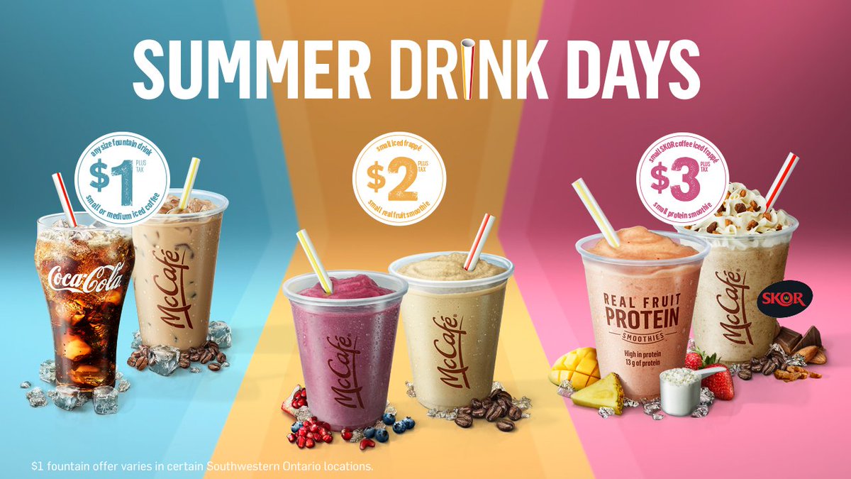 McDonaldsCanada's tweet image. #SummerDrinkDays are back and better than ever featuring $1, $2, and new $3 choices! Taxes extra. Conditions apply. See mcdonalds.ca for details.