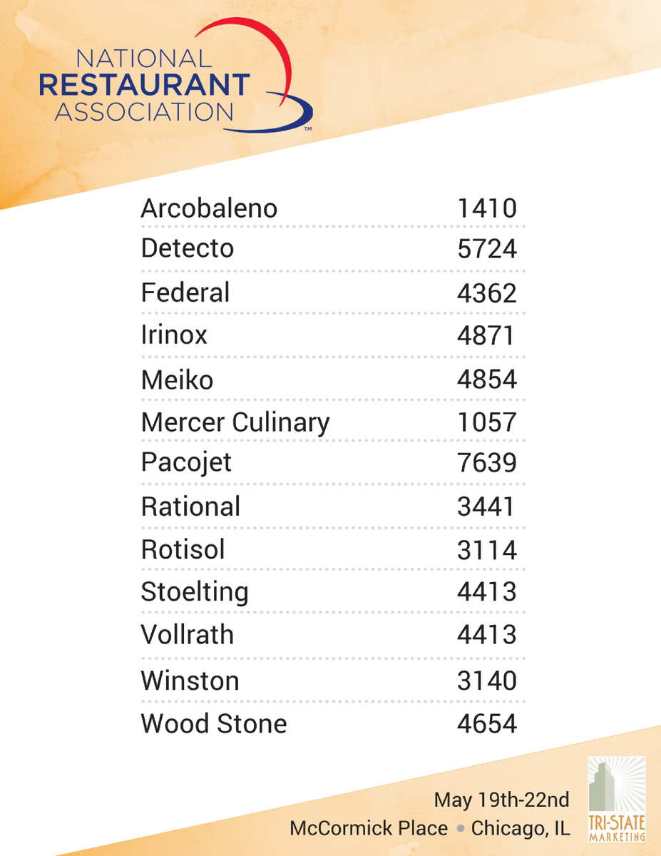 TriStateMkg's tweet photo. Will you be attending the @NRAShowIntl?
If so, be sure to stop in and check out some of the manufacturers that we represent! See booth #'s below.
#NRA #NRAShow #Chicago #May #Foodservice #MayShow #TriStateMarketing https://t.co/wO9obrlYR7