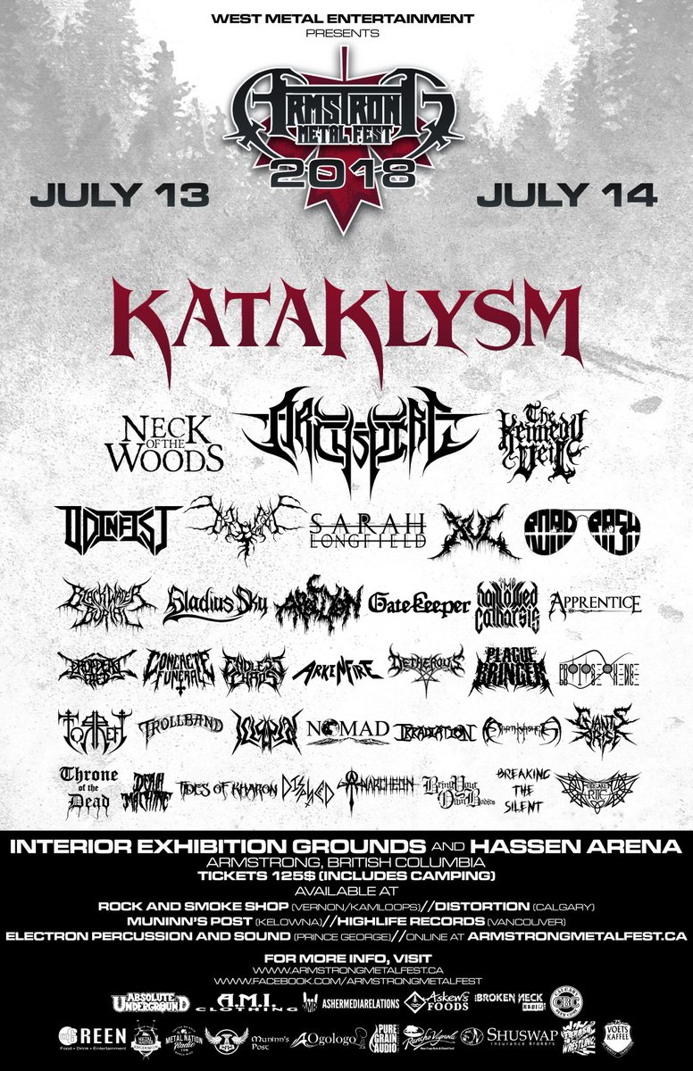 Armstrong MetalFest Announces 2018 Line-Up w/ Kataklysm, Sarah Longfield, Archspire, The Kennedy Veil and more! Tickets Available Now! July 13-14 – Armstrong, BC @ Hassen Arena – Social Media Hashtag – #10YearsArmstrong ashermediarelations.com/2018/05/09/arm…