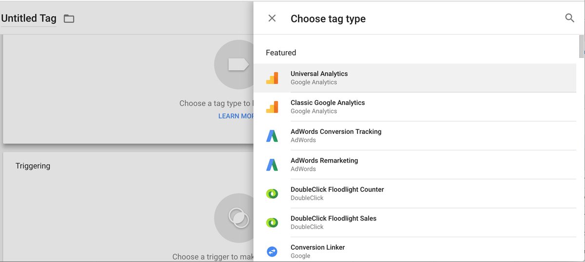 SomeSecretJake's tweet photo. @TinCanGoat To get to the event tag set up you'll go to Tags > New (button) > Configure Tags. Then you'll select Universal Analytics or Bing Ads Universal Event Tracking as the tag type. Each will have a drop down menu to select events. 

Here's to hoping these screenshots are intelligible. https://t.co/jvoC0Tkz7S