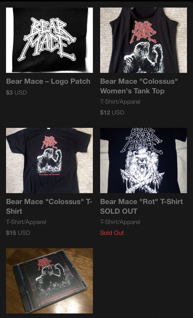 CDs, t-shirts, tanks, and patches....all available now at our Bandcamp page! 

Check out the link below for all your Bear Mace merch needs.  

bearmace.bandcamp.com. #deathmetal #oldschool #butcheringthecolossus #bearmace #merch