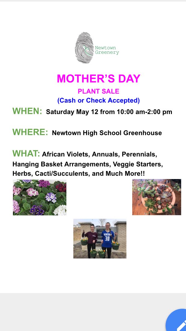 Don’t miss out!!  Mother’s Day Plant Sale Saturday 10-2! See you there!! <a href="/NHS_TWEETS/">Newtown High School</a> <a href="/CCanfield100/">Christian ⌬ Canfield🐓🦆🧪</a> #nhsgreenery #mothersday2018