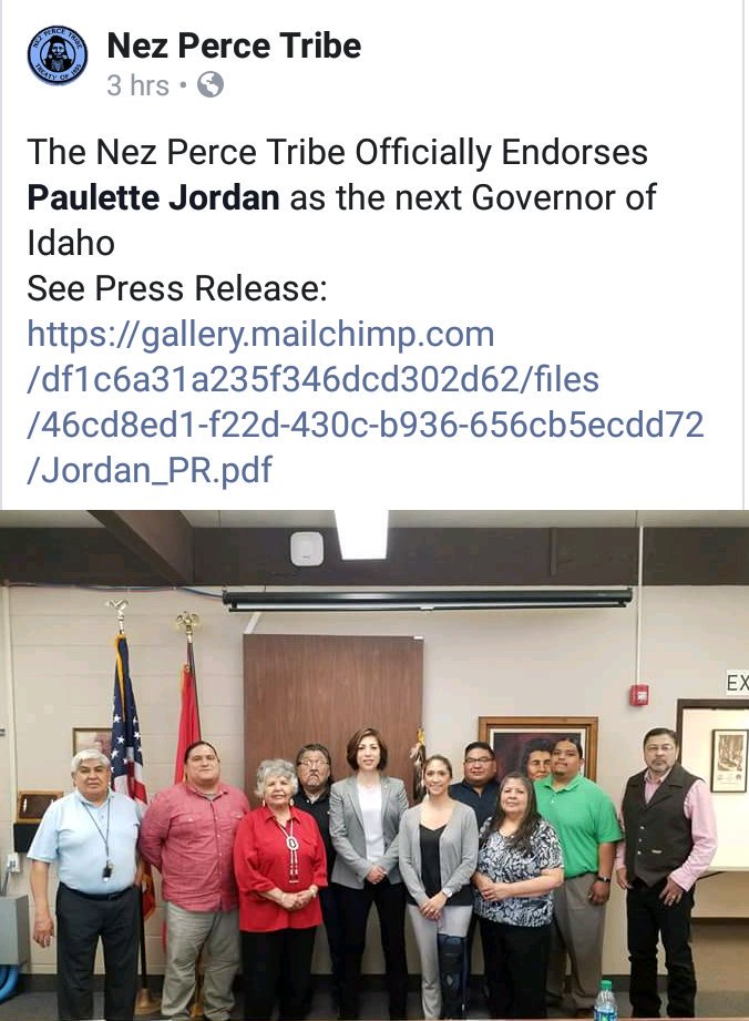 PeaceWarrior44's tweet photo. Thank you to @NezPerce_Tribe for standing strong with @PauletteEJordan! Your endorsement is truly so very meaningful to this beautiful movement forward #ForThePeople! ❤ #imwithpaulette #endorsedByThePeople #JordanforGovernor #VoteWithPaulette https://t.co/EVi7YotQez