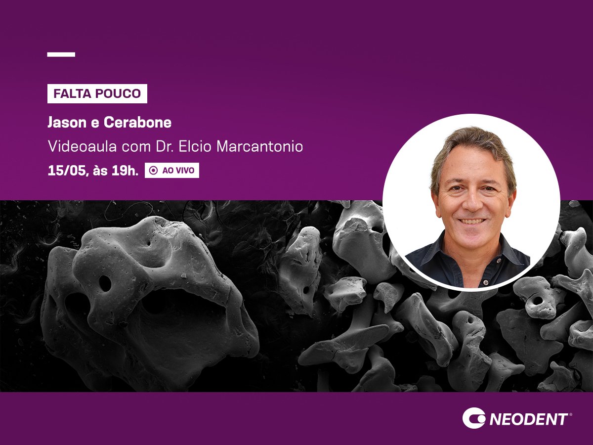Já se inscreveu para a videoaula sobre Jason e Cerabone: Reconstrução óssea vertical e horizontal com biomateriais? Não perca a oportunidade de assistir ao vivo e poder fazer perguntas diretamente ao Dr. Elcio Marcantonio. Para se inscrever, acesse: neodent.academy