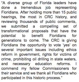 <a href="/FloridaCRC/">Florida CRC</a> Statement from CRC Chairman Carlos Beruff on final report being filed:
#FlaPol