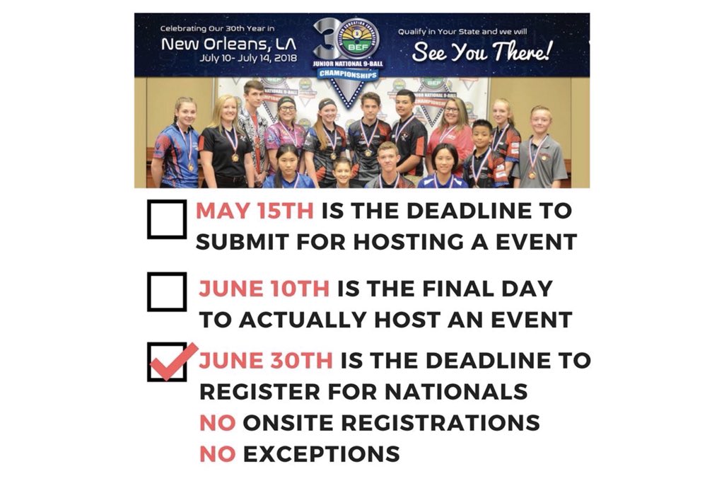 billiarded's tweet photo. MARK YOUR CALENDARS❗️
IMPORTANT DATES❗️
DON'T BE LEFT OUT❗️
.
There is still time left to host a Junior National Championship but time is running out!! Contact the BEF today!! The Junior National Championships are approaching fast, guarantee your slot. REGISTER NOW❗️ https://t.co/7W7DpoSMax