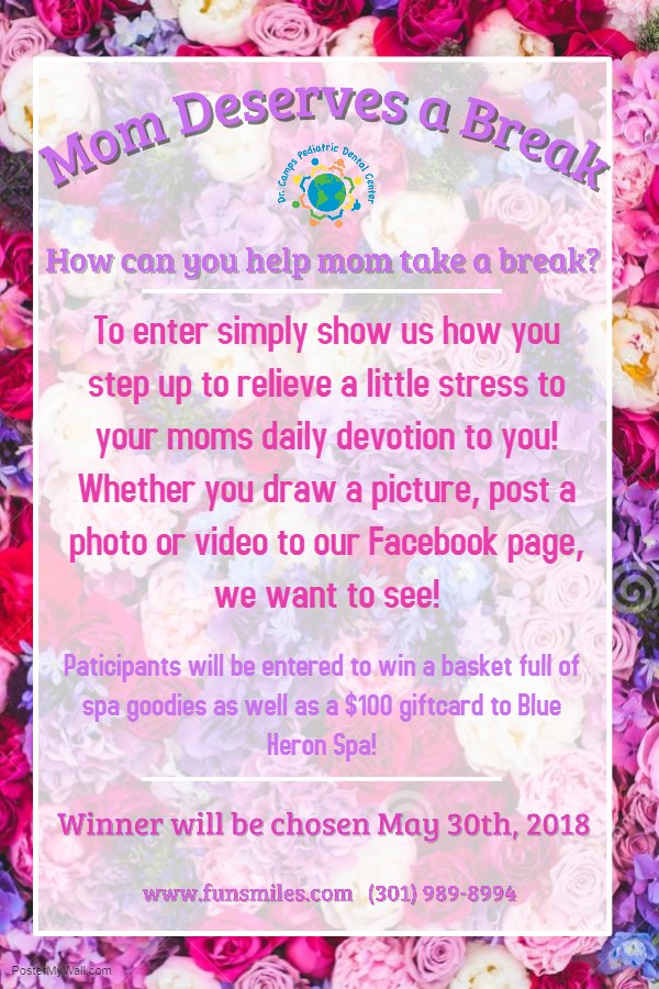 CampsKidsDental's tweet photo. Have you entered your mom in a chance to win a $100 spa giftcard and gift basket full of goodies? #funsmiles #MothersDay https://t.co/1FgzY3IgFG