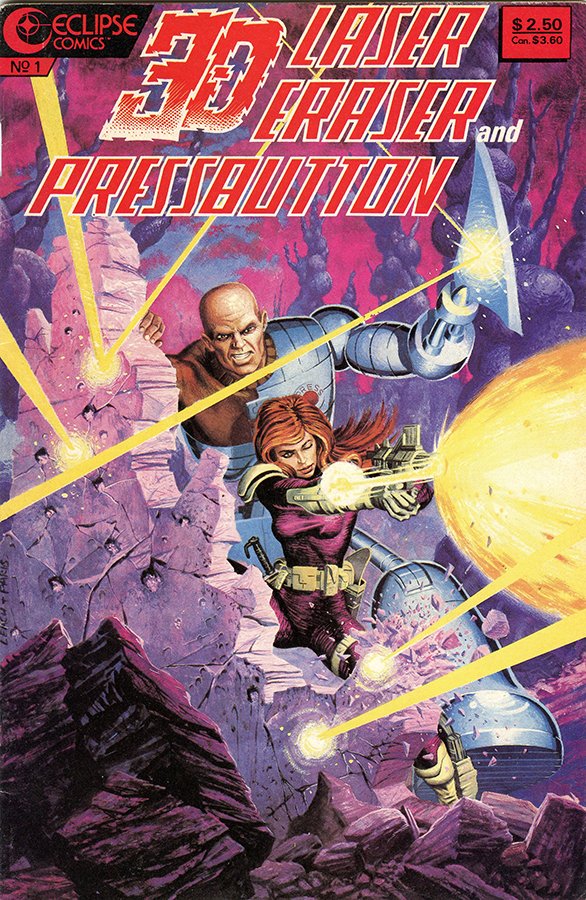 AtomekART's tweet image. LASER ERASER and AXEL PRESSBUTTON! (Eclipse Comics series 2)  Featuring all-new material written by Pedro Henry! 3D special with cover by Jerry Paris and Garry Leach! ©Steve Moore #Comics #Pressbutton #ComicsWeMiss #3D