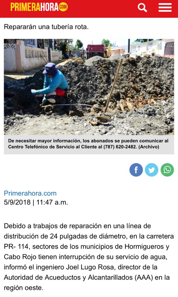 AcueductosPR's tweet photo. Compartimos reportaje de @primerahora donde reseñan trabajos de reparación línea de distribución 24” carretera #PR114 https://t.co/F2VvIZUYDf #AAAparaTodos #UnEquipo https://t.co/817NeeqCfx