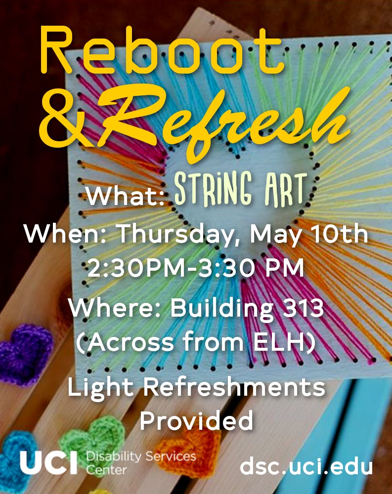 dscuci's tweet photo. Come by our R&amp;R tomorrow for a fun-filled afternoon of String Art!!! 

Be sure to join us every Thursday for unique activities and simple refreshments!

#UCIDSC #SpringQuarter #RnR #StringArt #DisabilityAwareness #UCIrvine https://t.co/LRRO0nm0GE