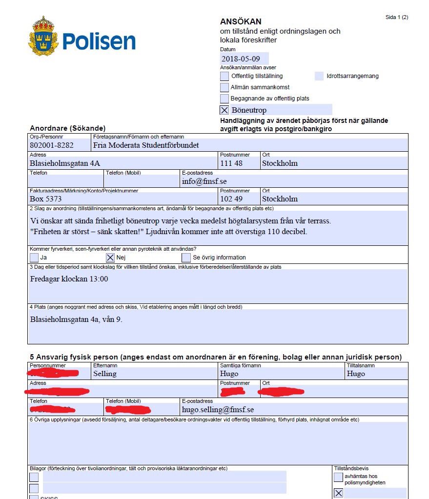 Ivarpi's tweet image. Fria Moderata Studentförbundet (@_fmsf) har ansökt om att få ha böneutrop varje vecka med budskapet ”Friheten är störst - sänk skatten”. Ej högre än 110 decibel såklart. 

Ska bli intressant att se hur Polisen bedömer detta. Hatten av till @HugoSelling.