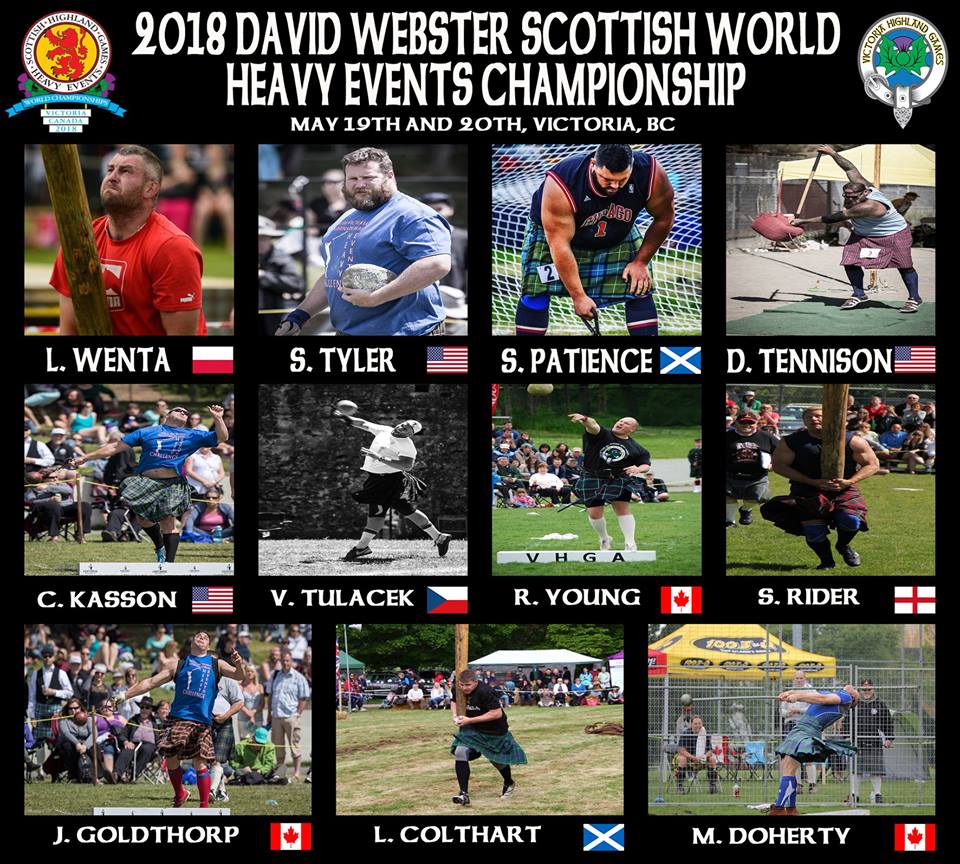 websterworlds18's tweet photo. The line up for the 2018 David Webster Scottish World Heavy Events Championship being held in Victoria, BC, Canada on May 19th and 20th, 2018 #websterworlds18 #HighlandGames #heavyevents #cabertoss #sunsoutcabersout #victoriahighlandgames https://t.co/L7O014p0jM