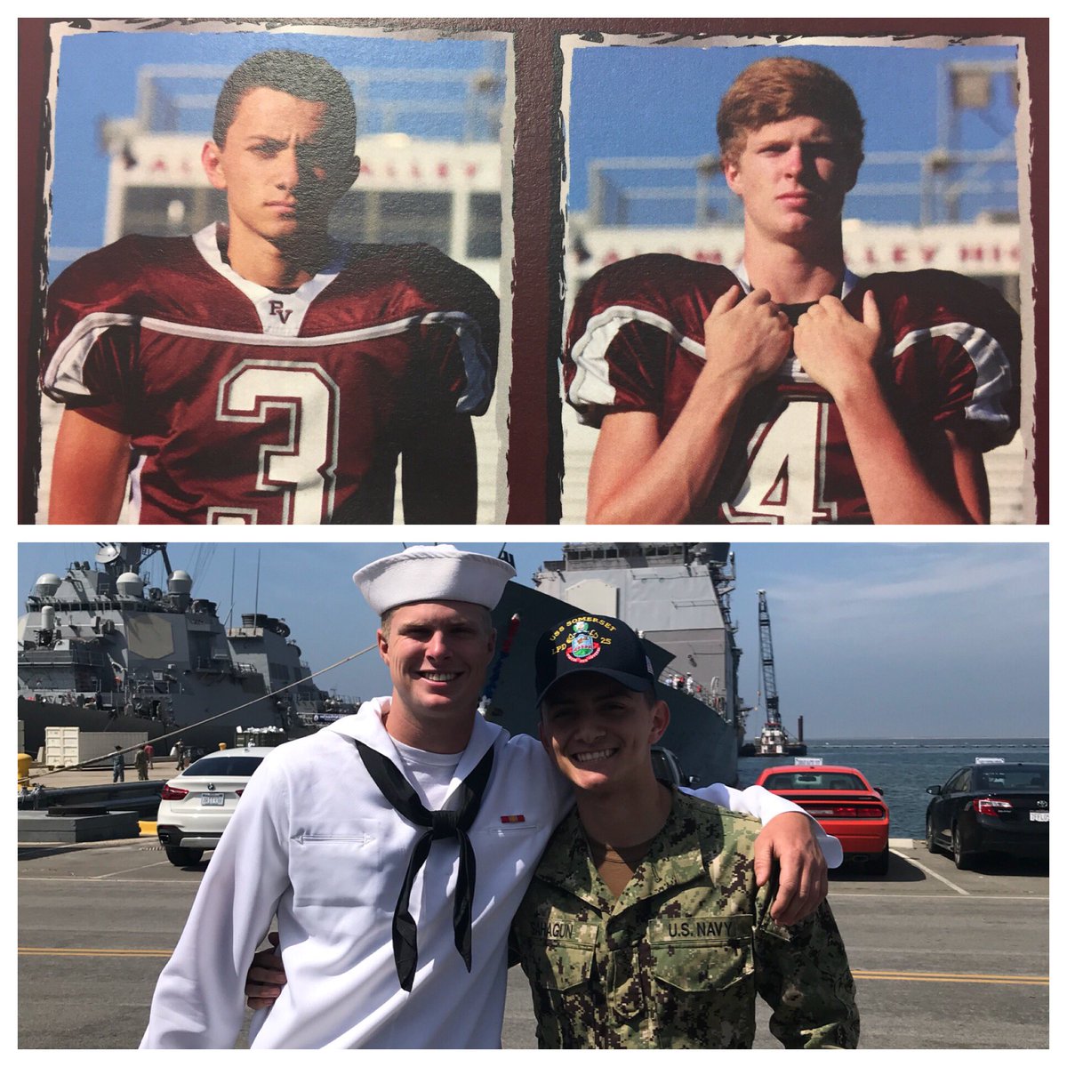 CoachMerida's tweet photo. Then and Now!  So proud of these guys and the many other former players who are serving our country. @dizhamilton16 @Robertsahagun_7 #Hooyah https://t.co/2RLuG34siK