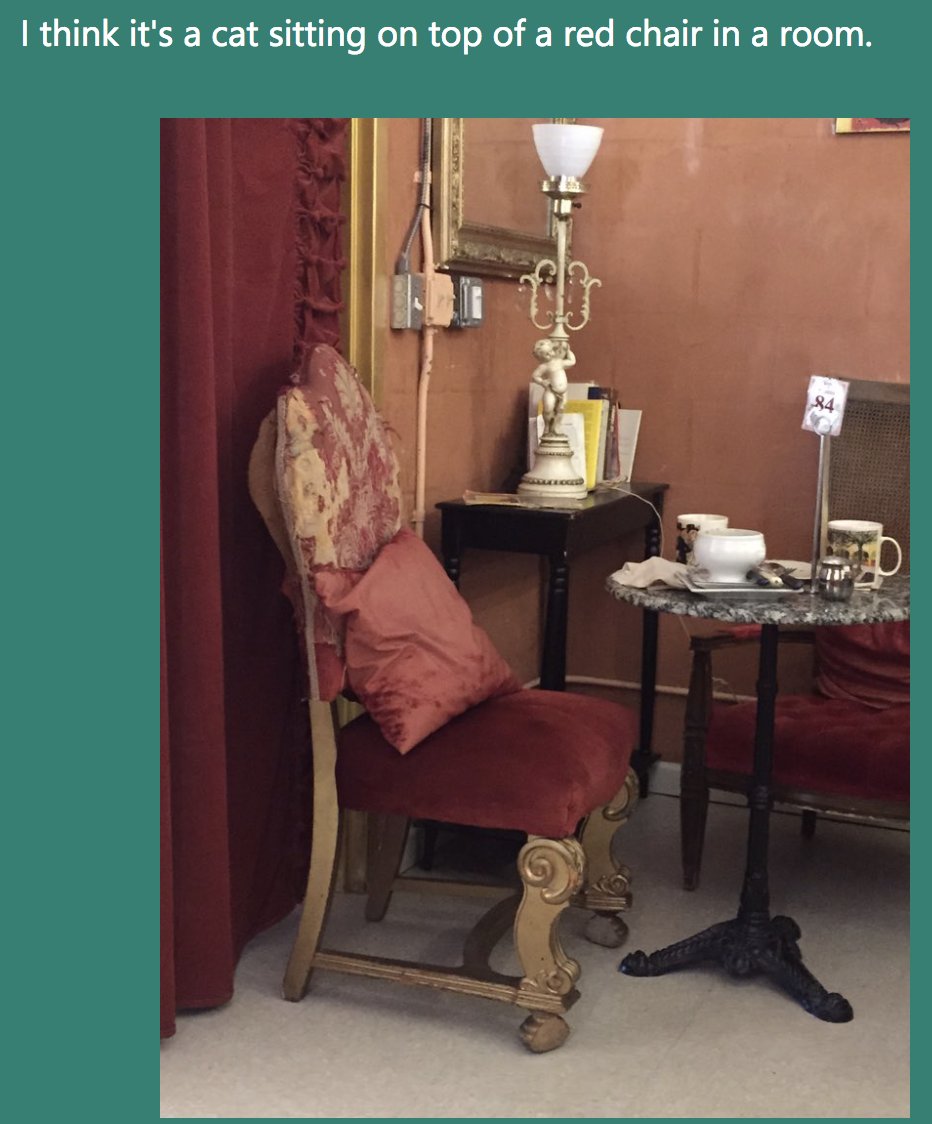 chair with a cushion on it. Caption reads "I think it's a cat sitting on top of a red chair in a room".