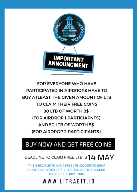 Buy Now To Claim Your Free Coins

Google Form
goo.gl/fpvv5x

Learn More
goo.gl/WoQdaF

80 Litrabit of worth 8$ for Airdrop 1 Participants
50 Litrabit of worth 5$ for Airdrop 2 Participants

#bitcoin #Ripple #ethereum #Litrabit